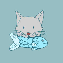Illustration of a kitten eating fish. 