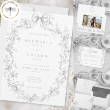 Classic Vintage Gray Black Floral Wreath Wedding