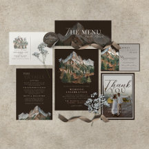 Rustic Brown Watercolor Mountain Landscape Wedding