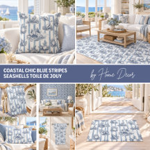 Coastal Chic Blue Stripes Seashells Toile de Jouy