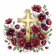 Burgundy Flowers and Gold Cross Memorial  