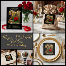 Elegant Black Gold & Red Rose 21st Birthday
