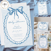 Whimsical Blue Watercolor Bow Stripe Baby Shower