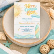 Watercolor Here Comes the Son Baby Shower Invites