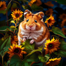 Golden Hamster Among Sunflowers