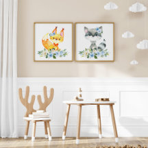 Forest Animals, Blue Flowers Nursery Prints