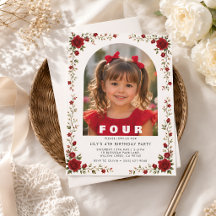 Modern Floral 4th Birthday Invitation
