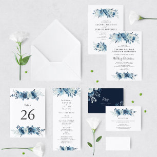 Elegant script blue floral wedding invitation
