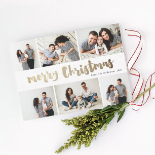Handwritten Merry Christmas 6 Photo Gold  Foil Holiday Card
