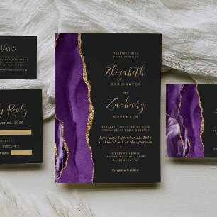 Modern Purple Gold Agate Dark Wedding Invitation