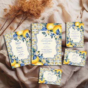 Blue Mediterranean Italian Tile & Lemon Wedding Invitation