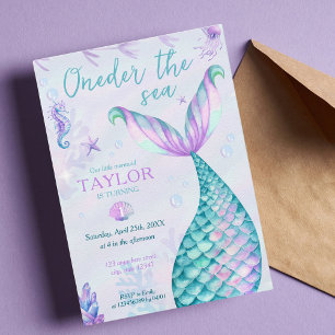Oneder the Sea Mermaid 1st birthday girl Photo Invitation