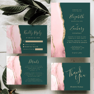 Blush Pink Gold Agate Emerald Green Wedding Invitation