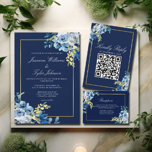 Navy Blue Gold Floral Elegant Qr Code Wedding RSVP Card