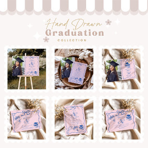 Hand Drawn Illustrated Pink & Blue Graduation Part RSVP Card