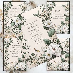 White Magnolias and Butterfly  Wedding Rehearsal  Invitation