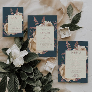 Elegant Floral Ivory Rose Gold Teal Blue Wedding Invitation