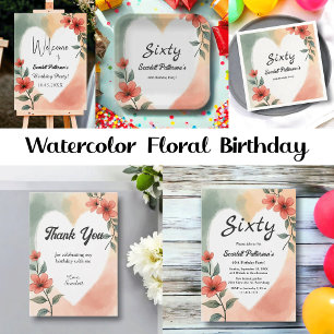 Romantic Watercolor Floral Dusty 60th Birthday Thank You Card