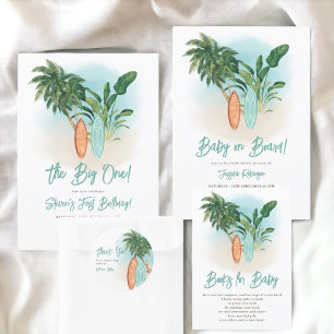 Tropical beach surf board the big one birthday invitation
