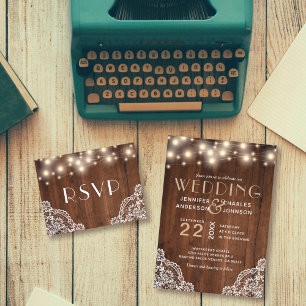 Rustic Wood String Lights Lace Wedding Invitation