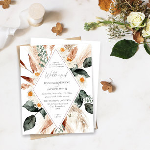 Boho Copper Pampas Grass & Beige Floral Wedding Invitation