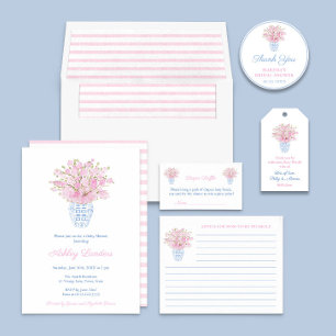 Sakura Blue White Chinese Vase Girl Baby Shower Invitation