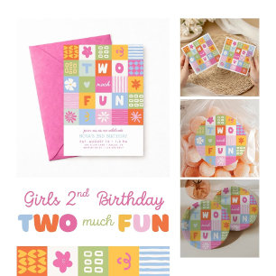 Two Much Fun Bold Colourful Girls 2nd Birthday Invitation