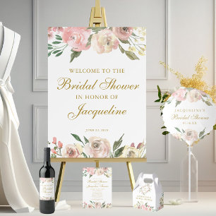 Elegant Pink Floral Custom Gold Bridal Shower Wine Label