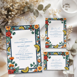 Elegant Lemon Botanical Blue Mediterranean wedding Invitation