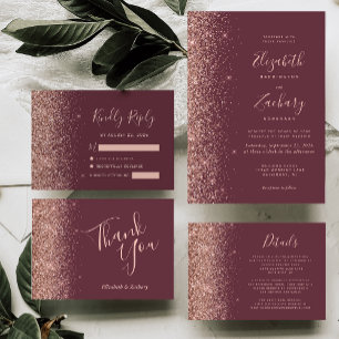 Modern Dark Burgundy Rose Gold Glitter Wedding Invitation