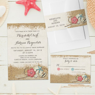 Sandy Beach Hibiscus & Shells Wedding Invitation