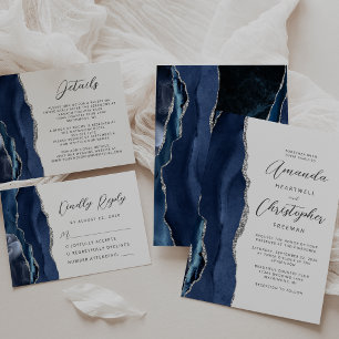 Agate Navy Blue Silver Modern Script Wedding RSVP Card
