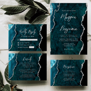 Teal Blue Silver Agate Script Wedding Details Enclosure Card