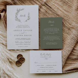Minimal Leaf   Olive Green Formal Monogram Wedding Invitation