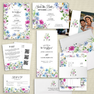 Wildflower Garden Floral Monogrammed Wedding RSVP Card