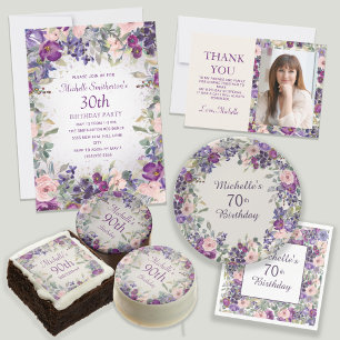 Purple Blush Pink Floral Foliage 90th Birthday Poster