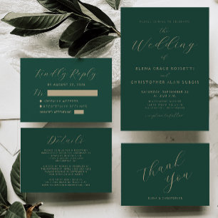 Modern Gold Script Dark Green Wedding Invitation
