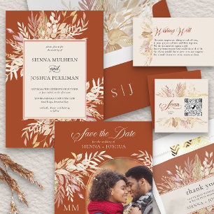 Botanical Foliage Terracotta Cream Wedding Invitation