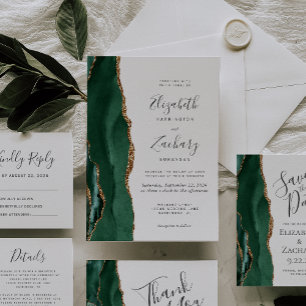 Modern Emerald Green Gold Agate Save the Date Card