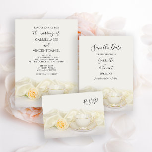 Tea Cup and White Rose Wedding RSVP Reply Card