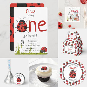 Cute Black Red Ladybug Pattern 1st Birthday Party Invitation