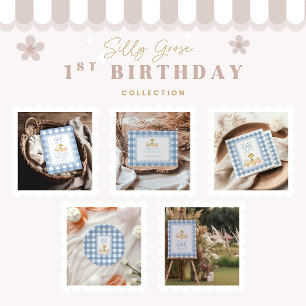 Blue Gingham Silly Goose 1st Birthday Paper Plate