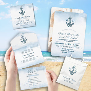 Beach Blue Watercolor Anchor Nautical Wedding All In One Invitation