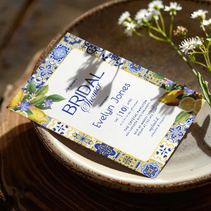 Italian Mosaic Blue Tile Lemons Chic Bridal Shower Invitation