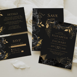Black Gold Dark Floral Save the Date Announcement