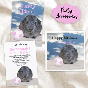 Child's Party Pink White Soccer Ball Guinea Pig  Invitation
