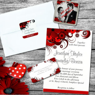 Red and White Floral Custom Wedding Invitation