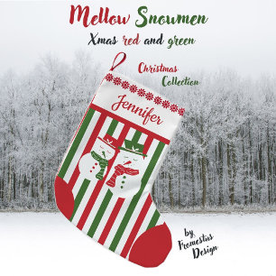 Mellow Snowmen - Xmas red white green stripes. Small Christmas Stocking