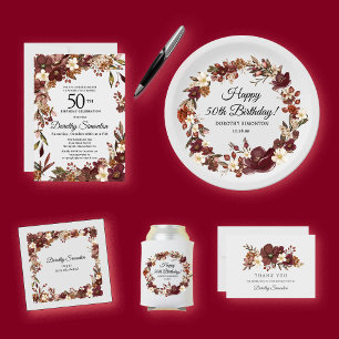 Burgundy Mauve Ivory Fall Floral 50th Birthday Invitation