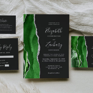 Modern Hunter Green Silver Agate Dark Wedding Invitation